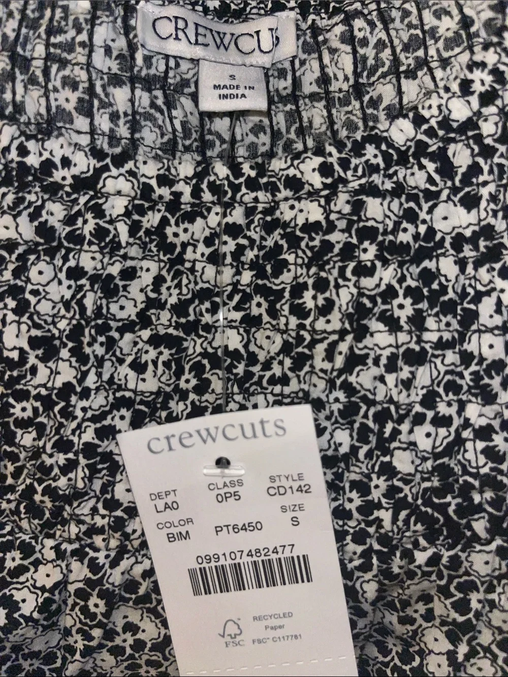 Crewcuts Little Girls Kids Black & White Floral Smocked Puff Sleeve Poplin Top S